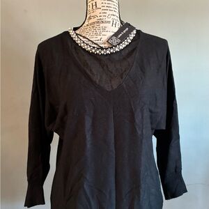 Cable & Gauge Black Jewel-Embellished V-Neck Sweatshirt